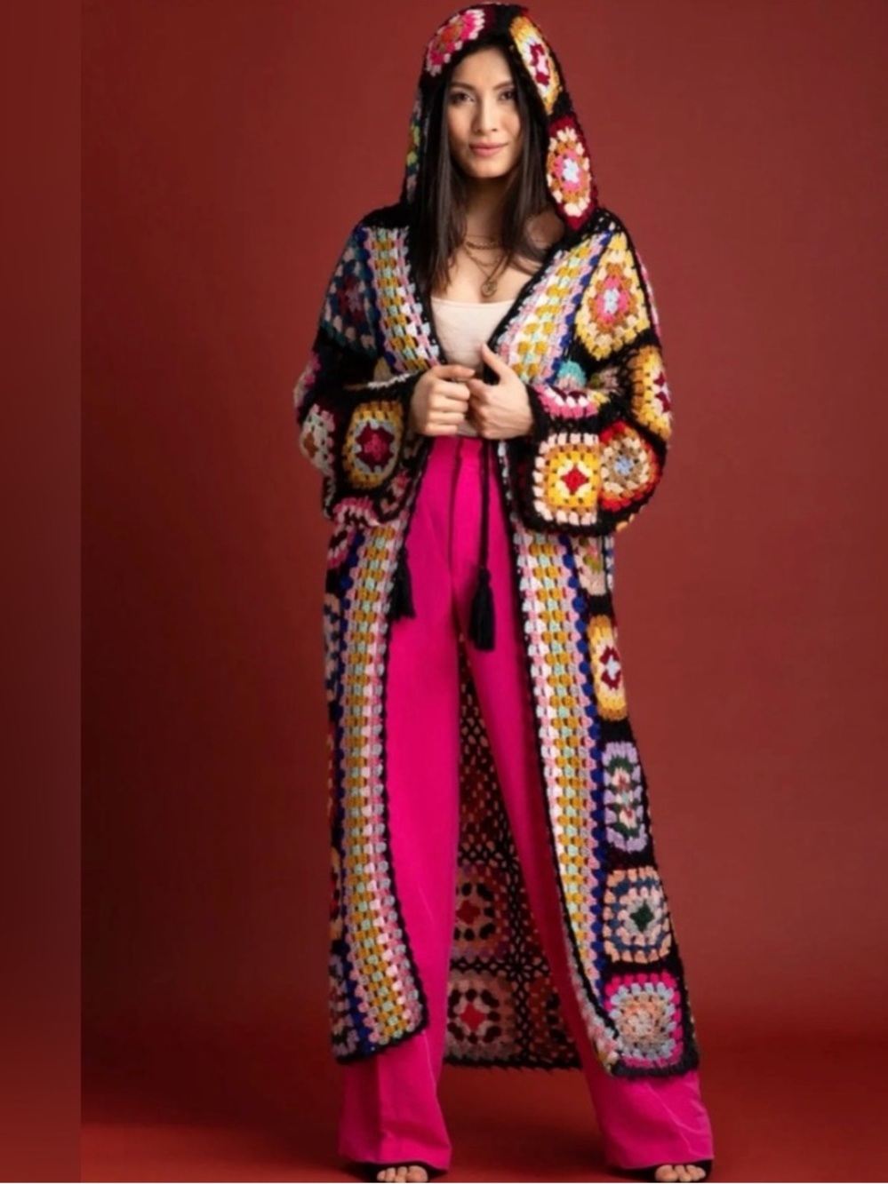 Multicolor Crochet Granny square hooded maxi cardigan one size